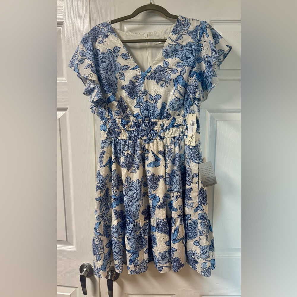 Eliza J Blue Cotton Eyelet Print Dress Flutter Sleeves Size 10 New With Tags